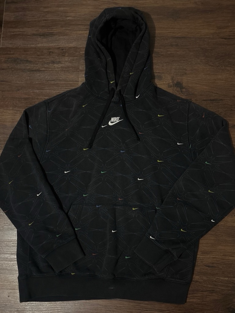 Nike Black Hoodie with Small Multi-Color Swooshes